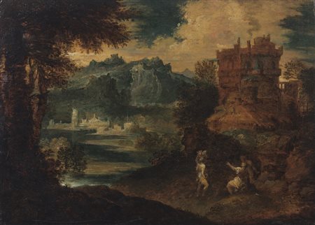 ARTISTA NORDEUROPEO DEL XVII SECOLO  - Paesaggio con viandanti.