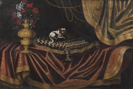 ARTISTA DEL XVII-XVIII SECOLO  - Natura morta con tappeto, vaso di fiori e cagnolino. .