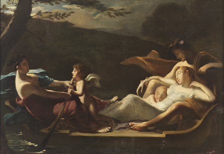 ARTISTA DEL XVIII SECOLO  - Paesaggio fluviale con personaggi.