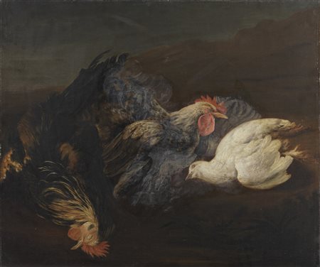 ARTISTA DEL XVIII SECOLO  - Natura morta con cacciagione e galli. .