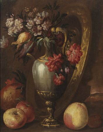ARTISTA DEL XVIII SECOLO  - Natura morta con vaso di fiori e frutta.