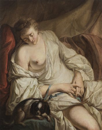 ARTISTA DEL XVIII SECOLO  - Ritratto di donna dormiente con cane.