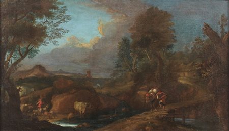 ARTISTA BRESCIANO DEL XVIII SECOLO  - Paesaggio con personaggi. .
