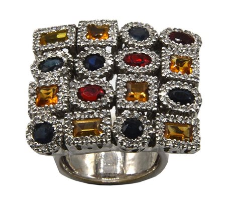 ANELLO CON ZAFFIRI BLU, RUBINI, CITRINI E DIAMANTI in oro bianco 18kt, con...