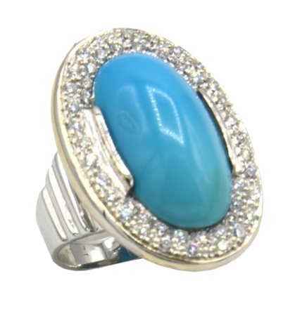 ANELLO CON TURCHESE E DIAMANTI in oro bianco 18kt, con turchese ovale...
