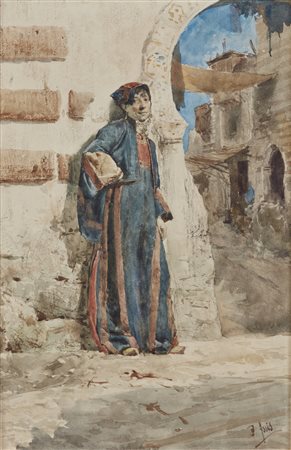 JORIS PIO (1843 - 1921) - Paesaggio con donna in veste orientaleggiante. .