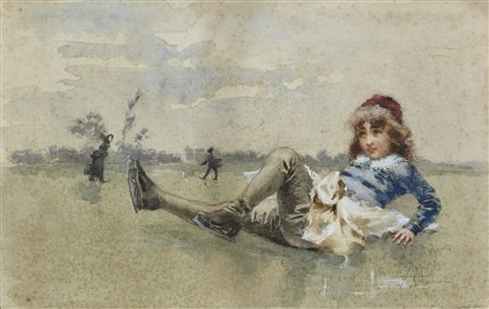 ACHINI ANGIOLO (1850 - 1930) - Bambina con i pattini. .