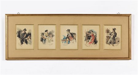 CAMPI GIACOMO (1846 - 1921) - Dipinto composto da cinque fogli raffiguranti macchiette milanesi.