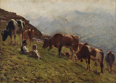 GUARLOTTI GIOVANNI (1869 - 1954) - Pascolo di buon mattino a Chamois.