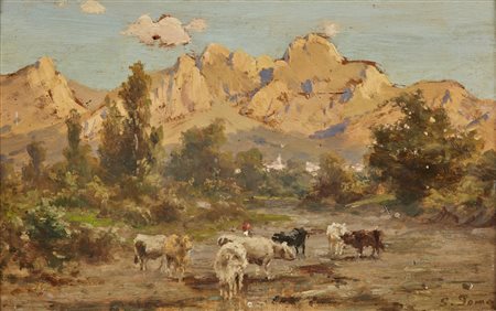 POMA SILVIO (1841 - 1932) - Paesaggio montano con pastorella e gregge. .