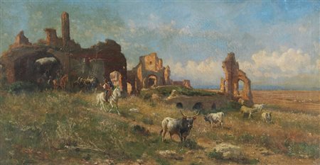 BARUCCI PIETRO (1845 - 1917) - Paesaggio con rovine e armenti. .
