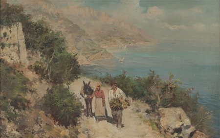 PELLICCIOTTI TITO (1871 - 1950) - Paesaggio marino con contadini.