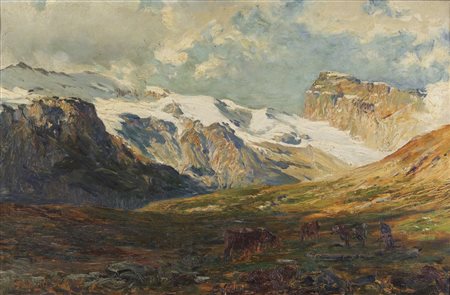 FALCHETTI ALBERTO (1878 - 1951) - Paesaggio montano con animali. .