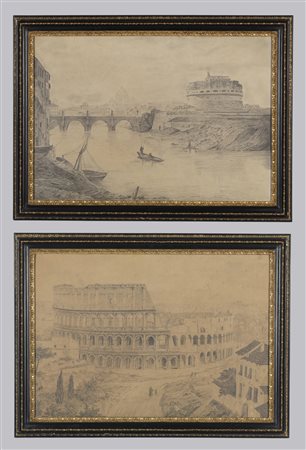 ARTISTA DEL XIX SECOLO  - Coppia di disegni raffiguranti veduta del Tevere a Castel Sant'Angelo e veduta del Colosseo. .