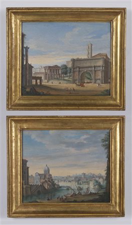ARTISTA DEL XIX SECOLO  - Coppia di dipinti raffiguranti veduta del Tevere con la basilica di San Giovanni dei Fiorentini e veduta del Foro Romano. .