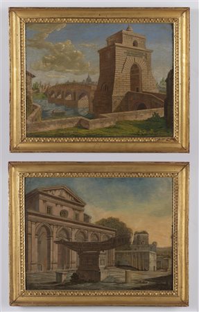 ARTISTA DEL XIX SECOLO  - Coppia di dipinti raffiguranti la Basilica di Santa Maria in Domnica con la fontana della Navicella e Ponte Milvio con l'ingresso del Valadier.