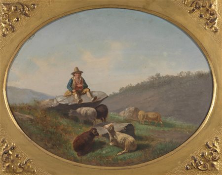PALIZZI FILIPPO (1818 - 1899) - Copia da. Paesaggio con contadino e armenti. .