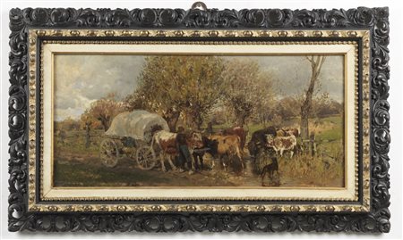 MANZIANA CARLO (1849 - 1925) - Paesaggio con contadino e armenti. .