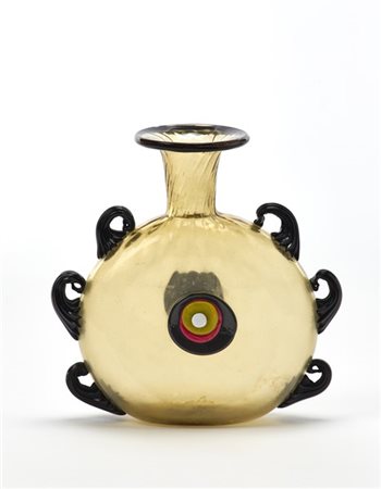 Libero Vitali Raro vaso in vetro soffiato trasparente pagliesco con sei anse e o