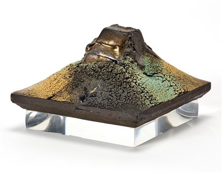 Carlo Zauli Scultura in grès smaltato in bronzo, verde e arancione, montata su b