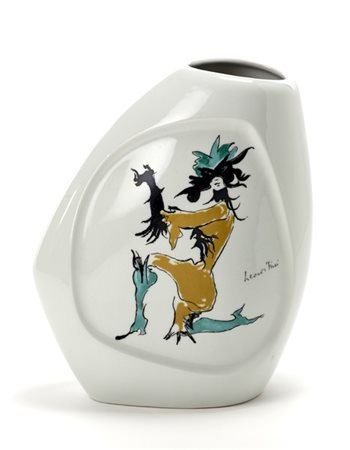 Leonor Fini Vaso a sezione schiacciata in ceramica bianca decorato con due figur