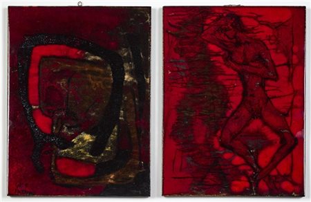 Riccardo Gatti Due formelle in ceramica dipinta con ossidi su smalto rosso selen