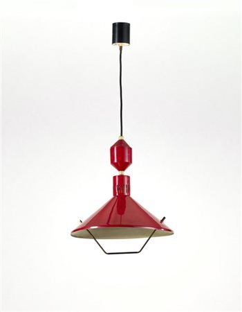 Stilnovo Lampada a sospensione in metallo verniciato rosso. Milano, anni '50/'60