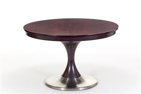 Tavolo da pranzo in legno scuro con piano circolare ampliabile, sostegno centra