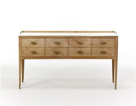 Consolle nello stile di Gio Ponti in legno chiaro impiallacciato con fronte a q