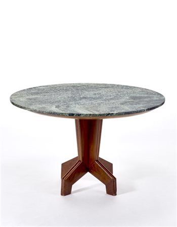 Tavolo in legno massello con gamba centrale e quattro piedini, piano circolare