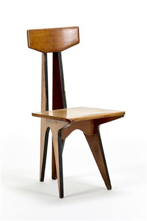 Sedia in pannelli di legno naturale, con bordi verniciati verde. Italia, prima