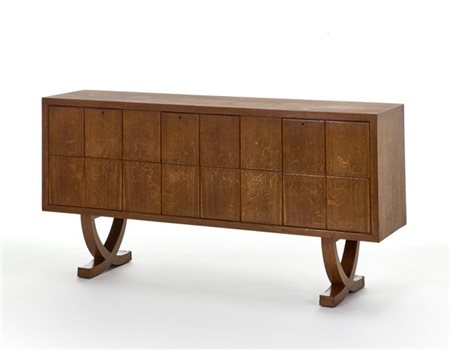 Credenza in legno di rovere massello, bordato e impiallacciato a tre ante con c