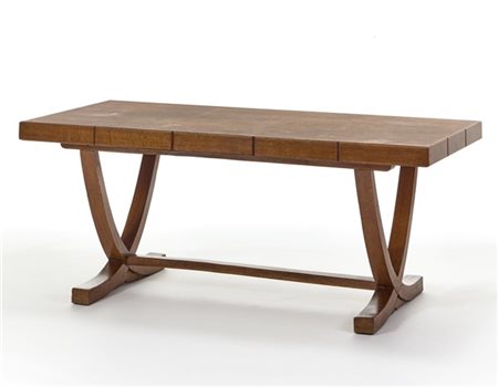 Tavolo in legno di rovere massello, bordato e impiallacciato con parti laterali