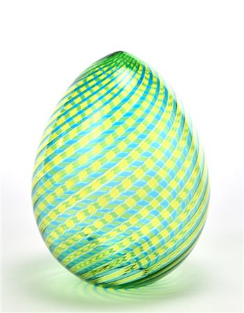 Venini Uovo in vetro soffiato a canne ritorte giallo, azzurro e incolore. Murano