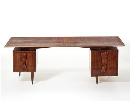 Scrivania in legno massello impiallacciato e bordato a sei cassetti laterali co