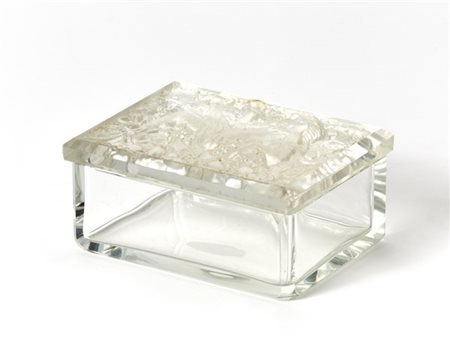 Scatola in vetro soffiato in stampo con coperchio acidato e raffigu