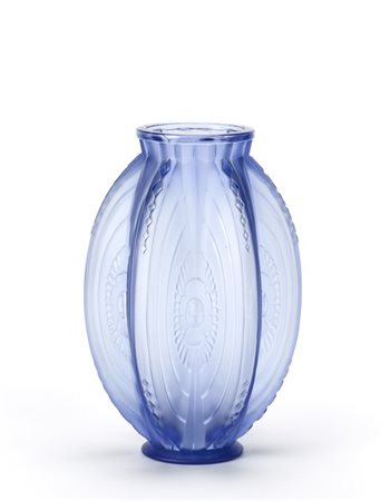 Sabino Vaso in vetro trasparente blu soffiato in stampo con decori geometrici e