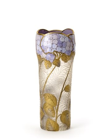 Mont Joye Vaso Art Nouveau in vetro incolore inciso all'acido e decorato in oro