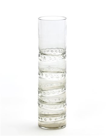 Fulvio Bianconi Vaso cilindrico in vetro fumè con fasce orizzontali decorate a m