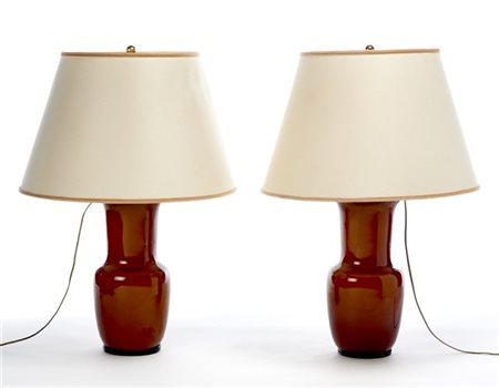 Venini Coppia di vasi a balaustro montati a lampada della serie "Opalini". Muran