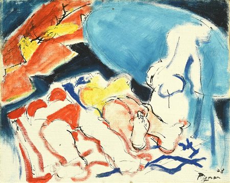 Edouard Pignon (1905 - 1993) PETITE PLAGE AU PARASOL BLEAU olio, tempera e...