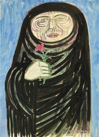 Giuseppe Migneco (1908 - 1997) DONNA CON FIORE tempera e gouache su carta...