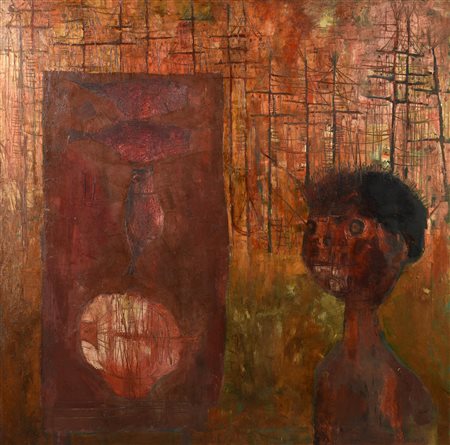 Giuseppe Banchieri (1927 - 1994) BAMBINO PESCI E DARSENA AL TRAMONTO olio su...