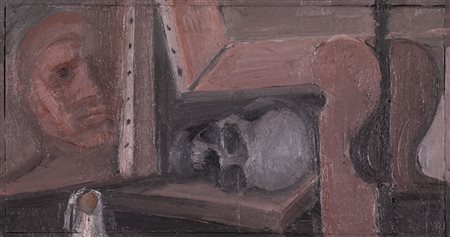 Franco Francese Autoritratto con teschio, 1981 olio su tela cm 53,5x28...