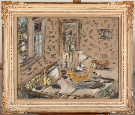 Filippo De Pisis Natura morta con il fiasco, 1937 olio su cartone cm 73x58...