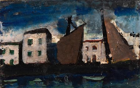Mario Sironi Paesaggio con casa e vele, 1929 ca olio e tempera su carta...