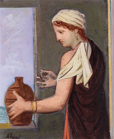 Achille Funi Modella con anfora, 1956 olio su tela cm 50x60 firmato in basso...