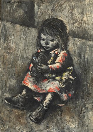Xavier Bueno Bambina con bambola, 1965 olio e tecnica mista su tavola cm...