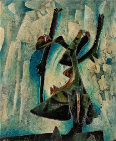 Gianni Dova Totem, 1960 olio su tela cm 50x60 firmato e datato in basso a...