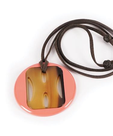 Hermès ciondolo in lacca e corno, d. cm. 6,5; completo di scatola originale